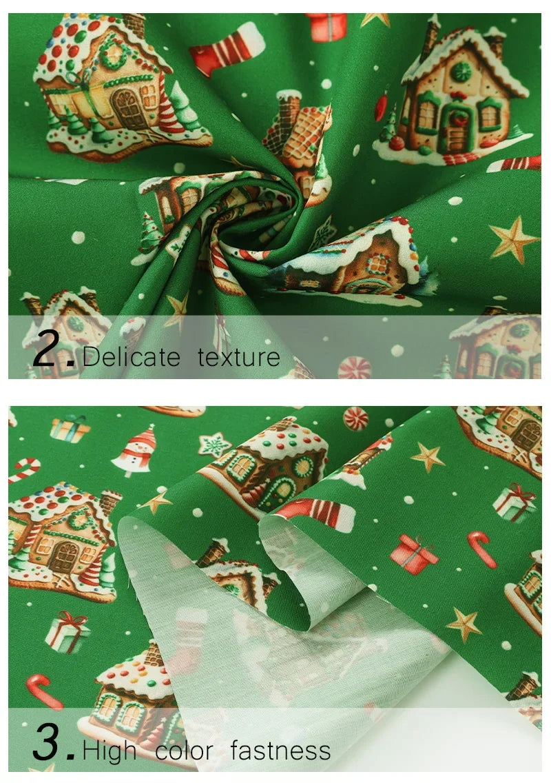 Tela estampada de pan de jengibre navideño y festivo – 100% poliéster, 150 cm de ancho