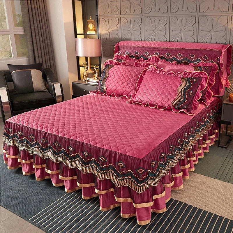 Luxury Crystal Velvet Quilted Bedspread – King & Queen Flannel Bed Skirt