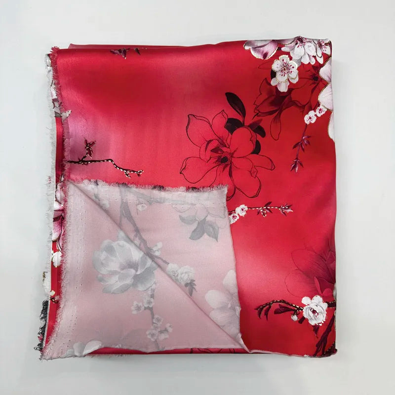 Red Floral Foil Print Satin Fabric – Silky 100% Polyester, 150cm Wide – For Dresses, Gowns & DIY Décor