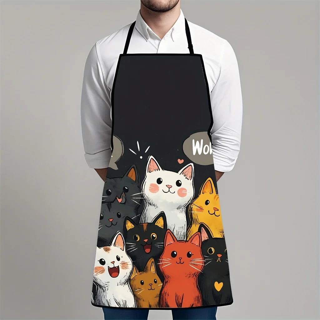 Cute Cat Print Kitchen Apron – Cartoon Cats with Hearts & Stars | Polyester Waist Apron for Cooking, Baking & Crafting