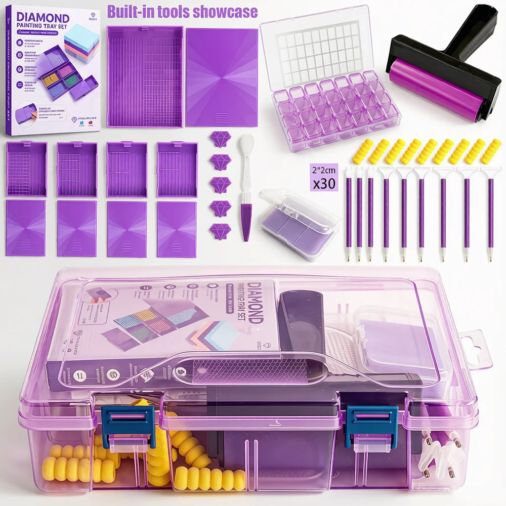 Juego de herramientas para pintura de diamante – Bandejas de perforación, lápices para puntear y rodillo de cera con estuche de almacenamiento