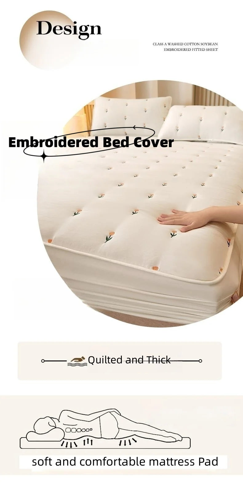 Super Thick Quilted Embroidered Mattress Pad Cover – Single, Queen & King Sizes