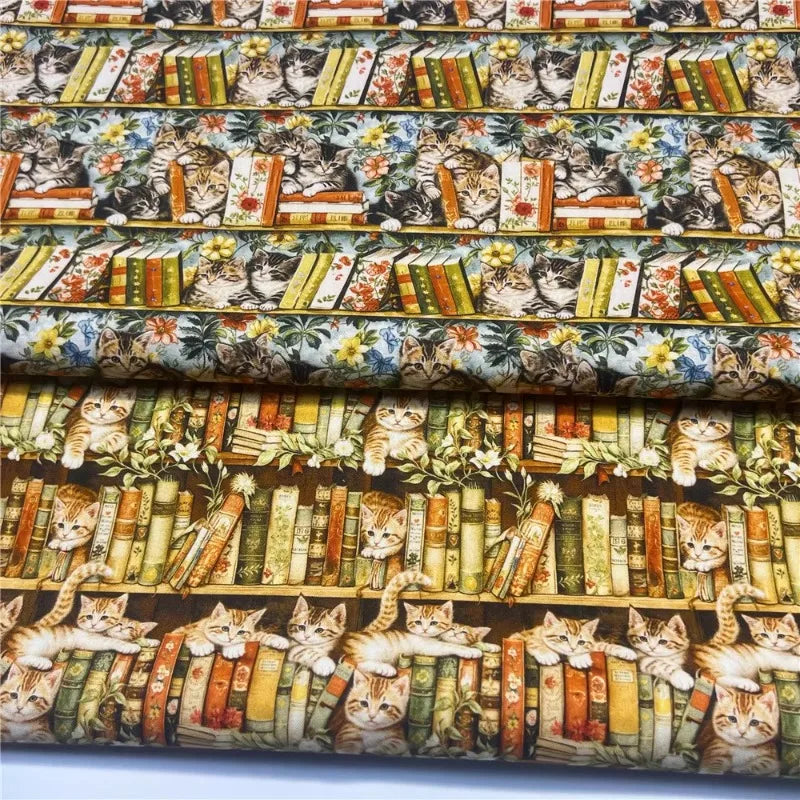 Bookshelf Flowers Cats Print Cotton Plain Weave Fabric Aged Retro Patchwork DIY Handmade Sewing Apparel Book Covers Material