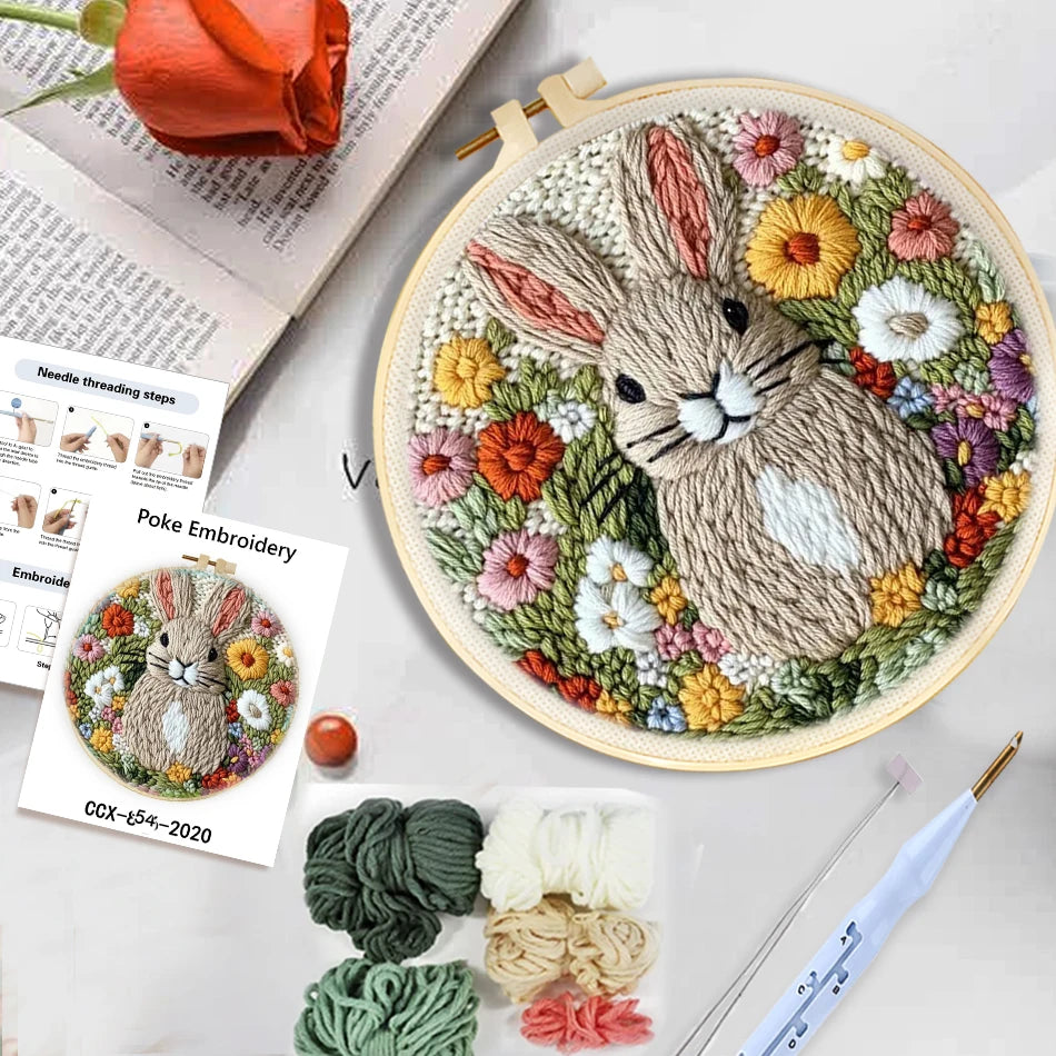 Punch Needle Embroidery Starter Kit – Animal Pattern | 20×20cm (7.8") with Hoop & Yarn