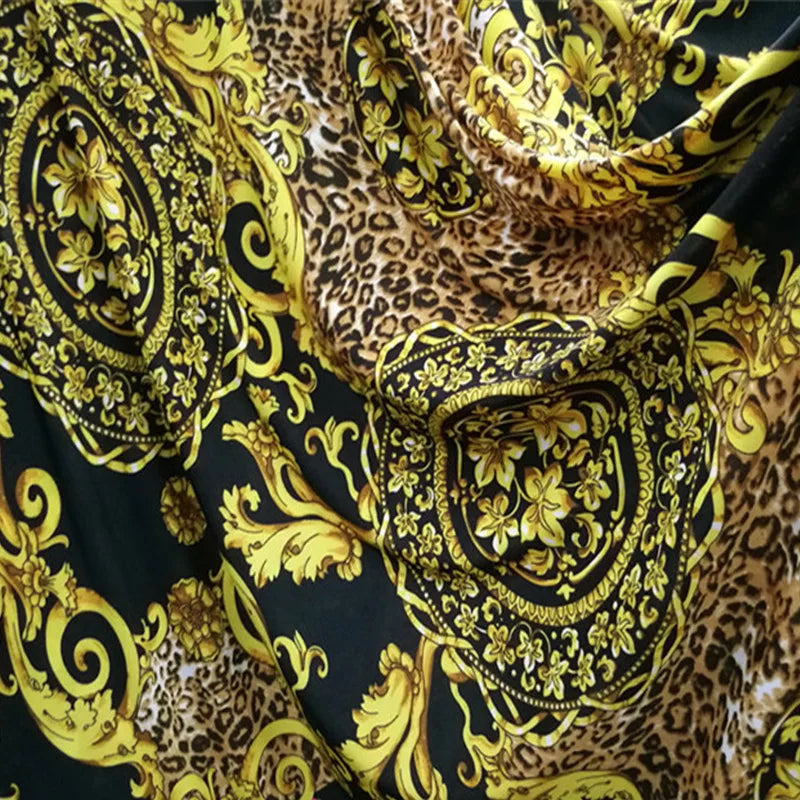 Yellow Leopard & African Flower Print Stretch Knit Fabric – 4-Way Elastic, 150 cm Wide