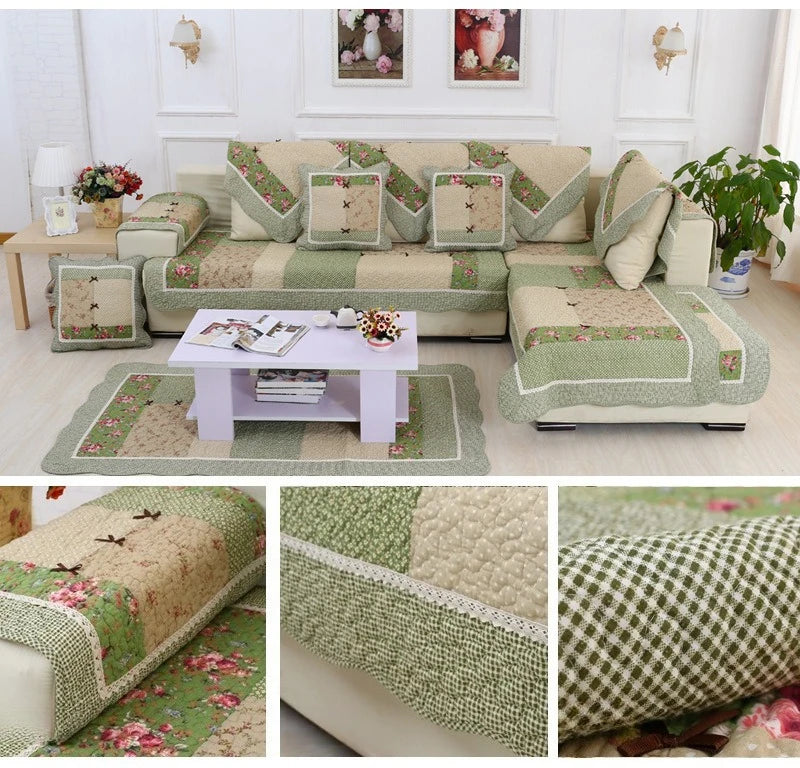 100% Cotton Quilted Sofa Cover – Anti-Slip Patchwork Floral Slipcover