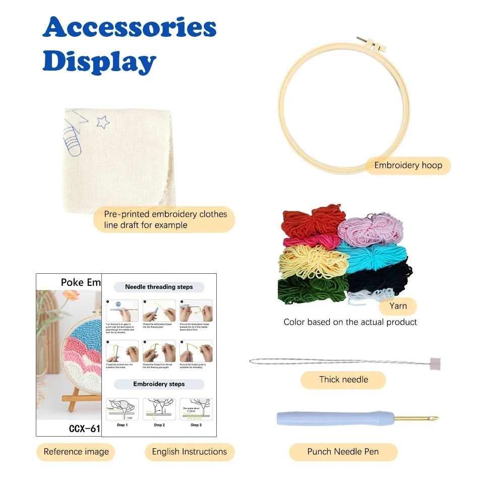 Punch Needle Embroidery Starter Kit – Animal Pattern | 20×20cm (7.8") with Hoop & Yarn
