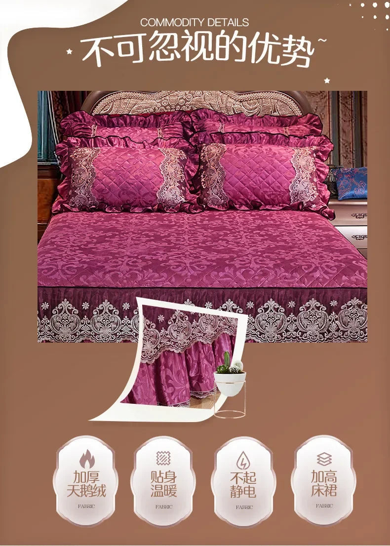 Lace Plush Quilted Bed Skirt – European Style Anti-Slip Mattress Cover | 45 cm Drop