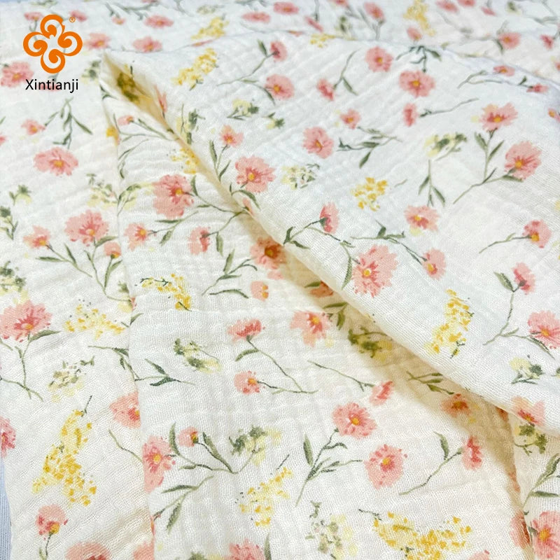 135 x 50cm Pink Flower Crepe Cotton Double-Layer Gauze Fabric, Making Soft Baby Clothes Fabric DIY Clothing Towel