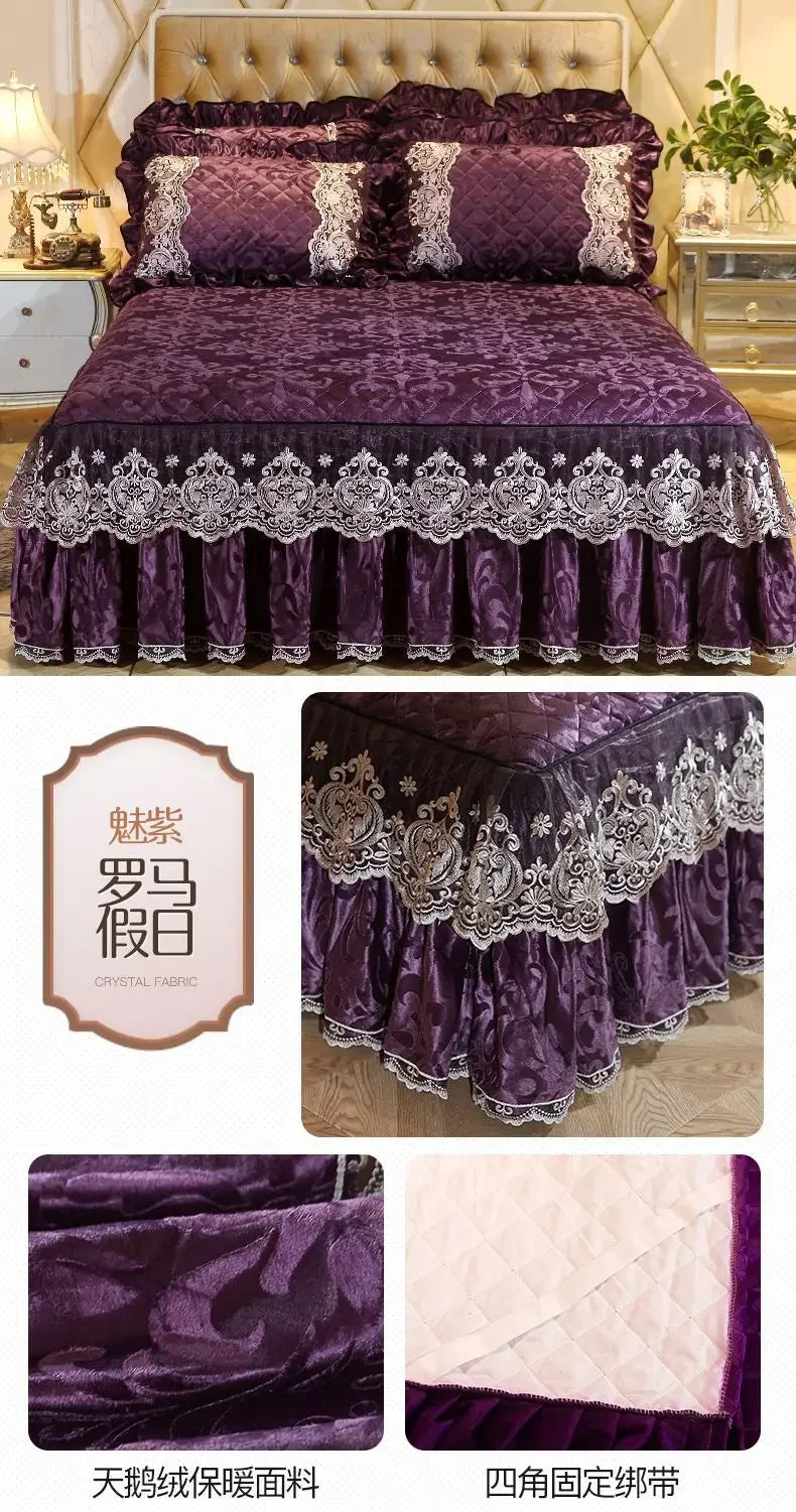 Lace Plush Quilted Bed Skirt – European Style Anti-Slip Mattress Cover | 45 cm Drop