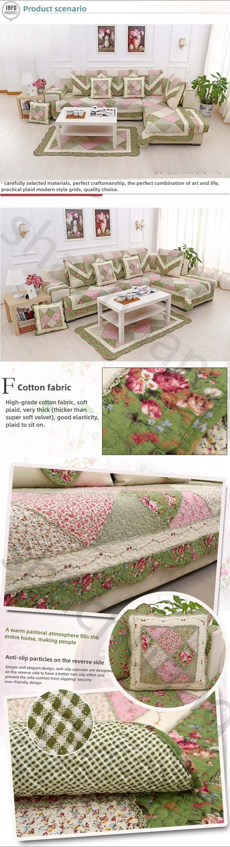 100% Cotton Quilted Sofa Cover – Anti-Slip Patchwork Floral Slipcover