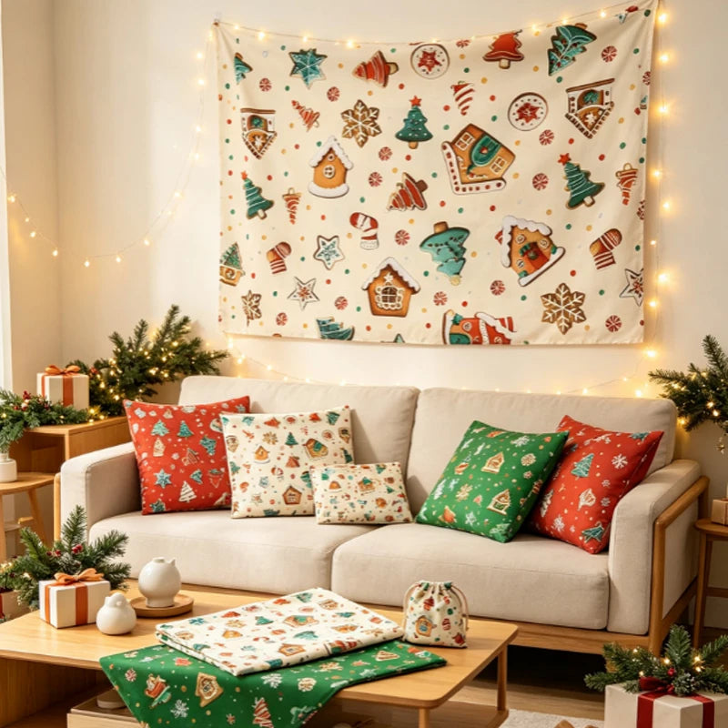 Tela estampada de pan de jengibre navideño y festivo – 100% poliéster, 150 cm de ancho