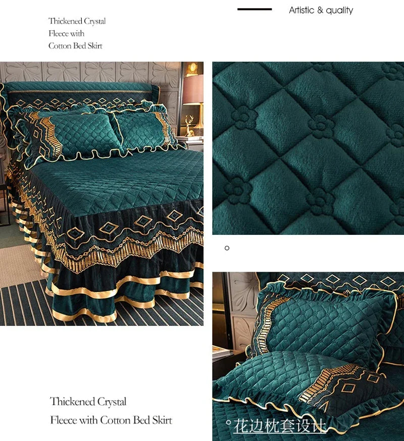Luxury Crystal Velvet Quilted Bedspread – King & Queen Flannel Bed Skirt