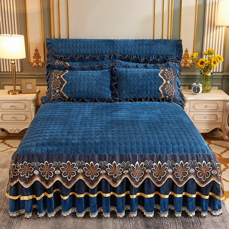 Luxury Crystal Velvet Quilted Bedspread – King & Queen Flannel Bed Skirt