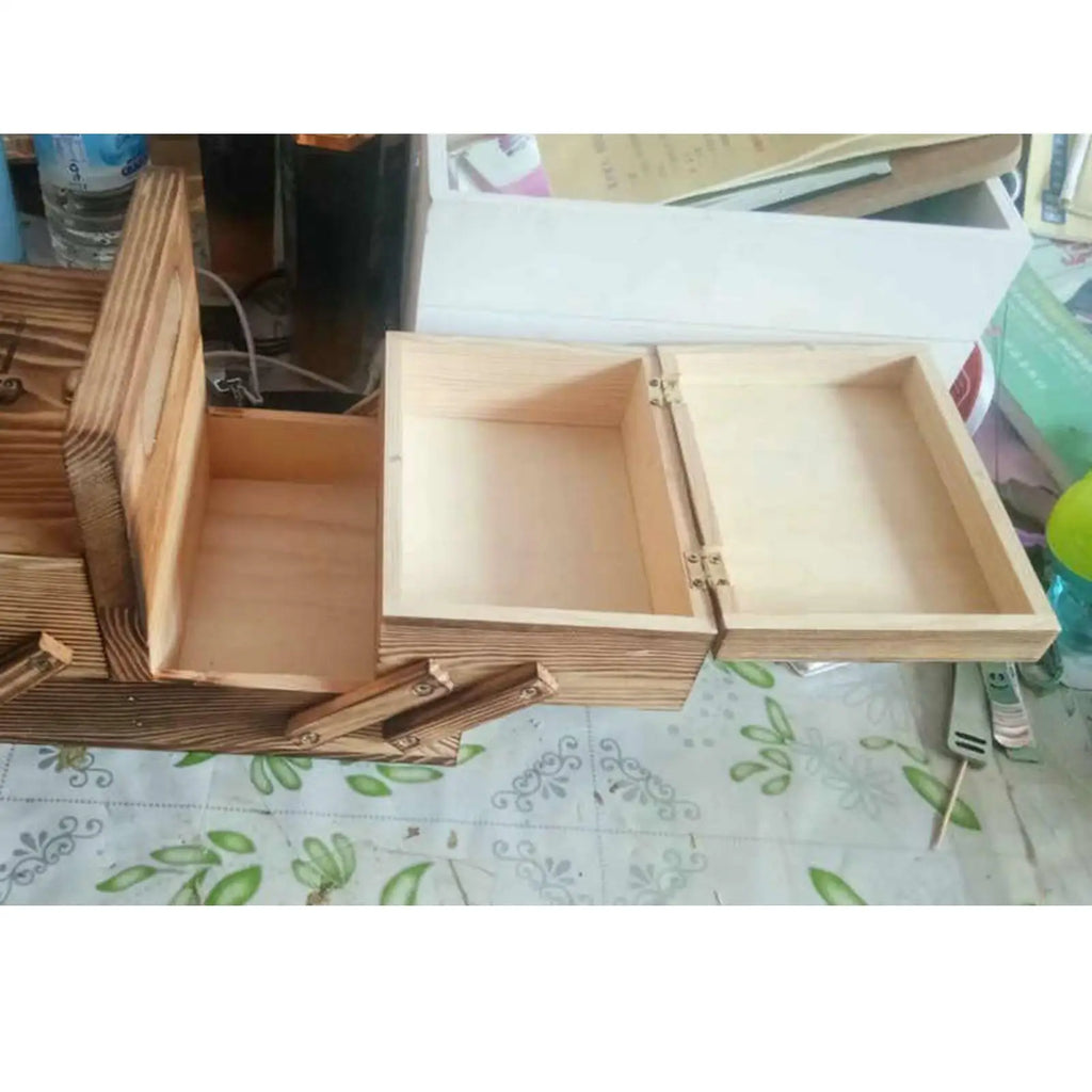 Costurero de Madera con 2 Niveles, 6 Compartimentos, Tapa y Asa