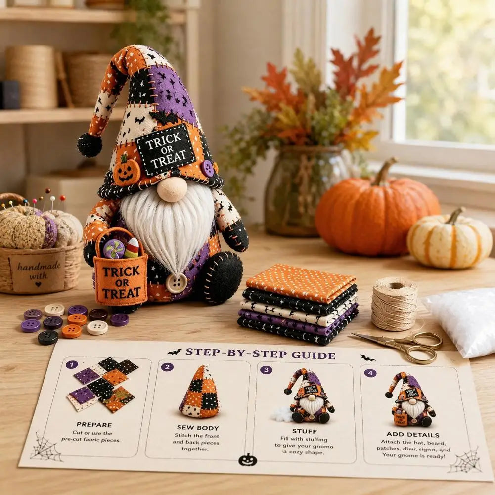 Halloween Gnome DIY Sewing Kit – Witch, Pumpkin & Gnome Doll Patchwork | Pre-Cut Fabric & Supplies Included