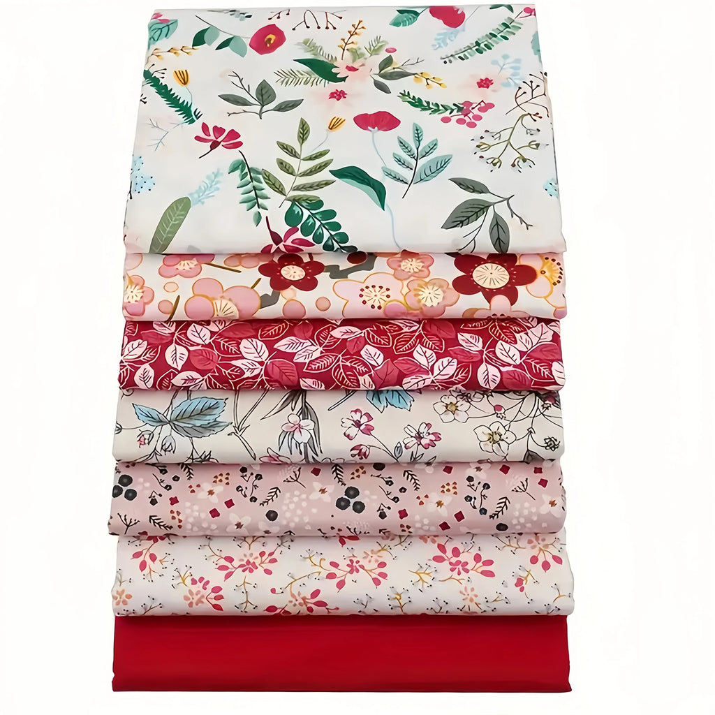 7-Piece Red Floral Cotton Patchwork Fabric Bundle