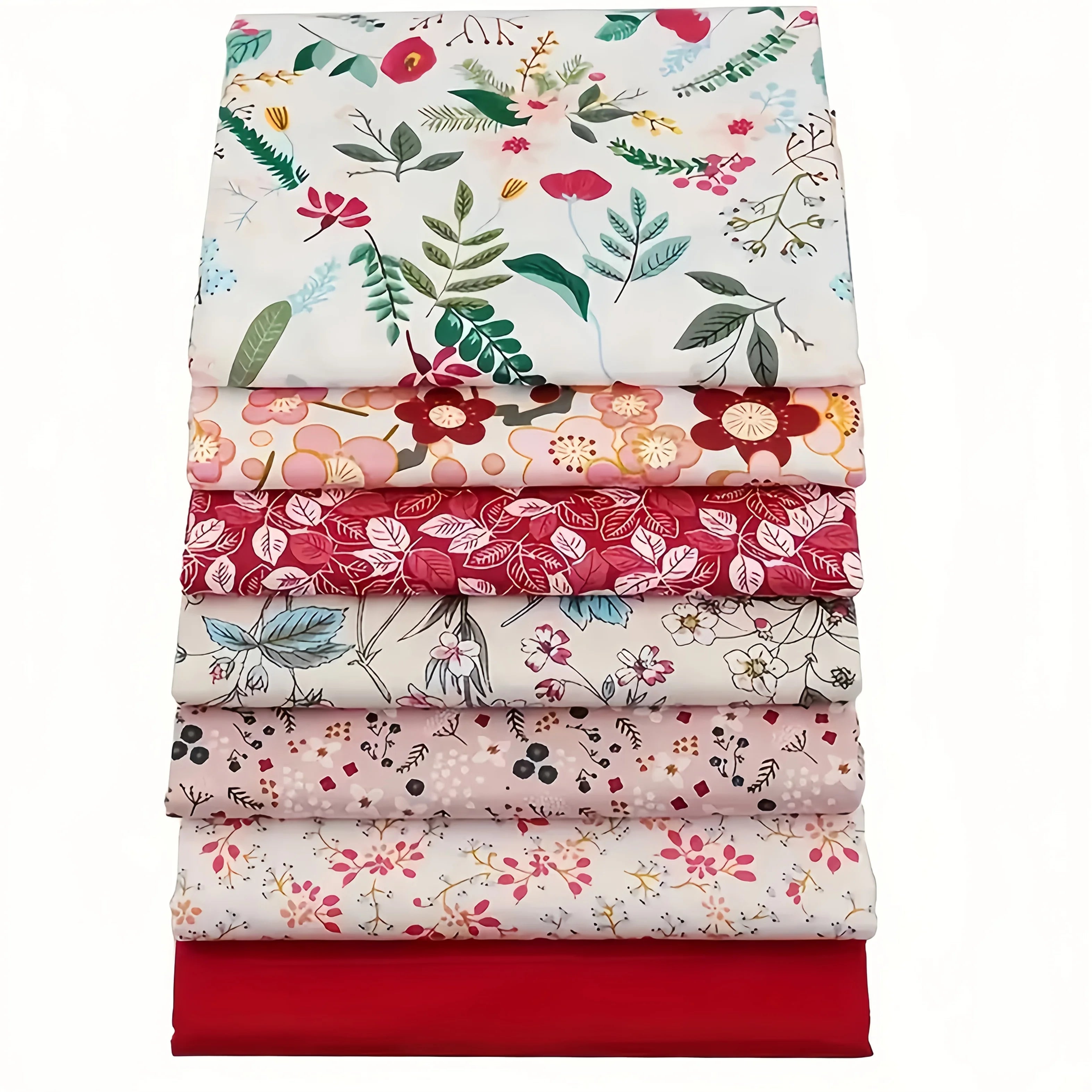 7-Piece Red Floral Cotton Patchwork Fabric Bundle