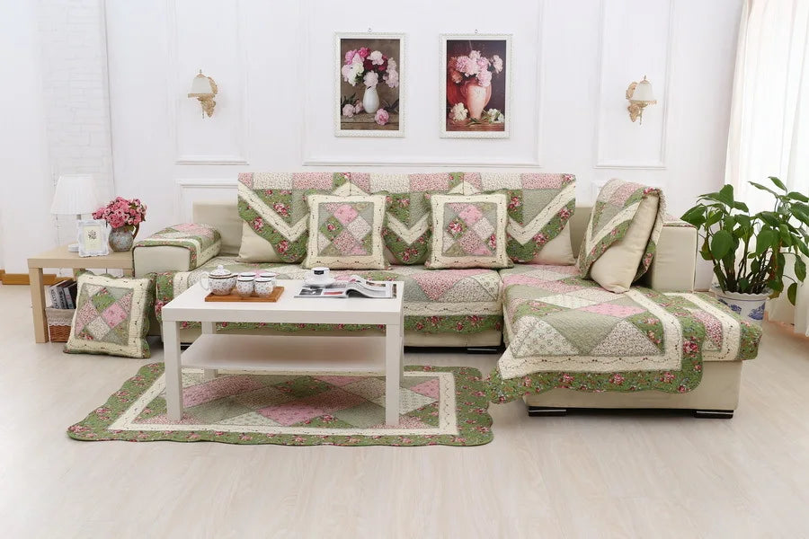 100% Cotton Quilted Sofa Cover – Anti-Slip Patchwork Floral Slipcover