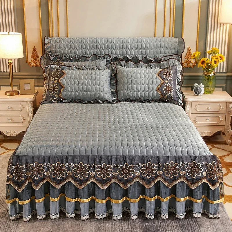 Luxury Crystal Velvet Quilted Bedspread – King & Queen Flannel Bed Skirt