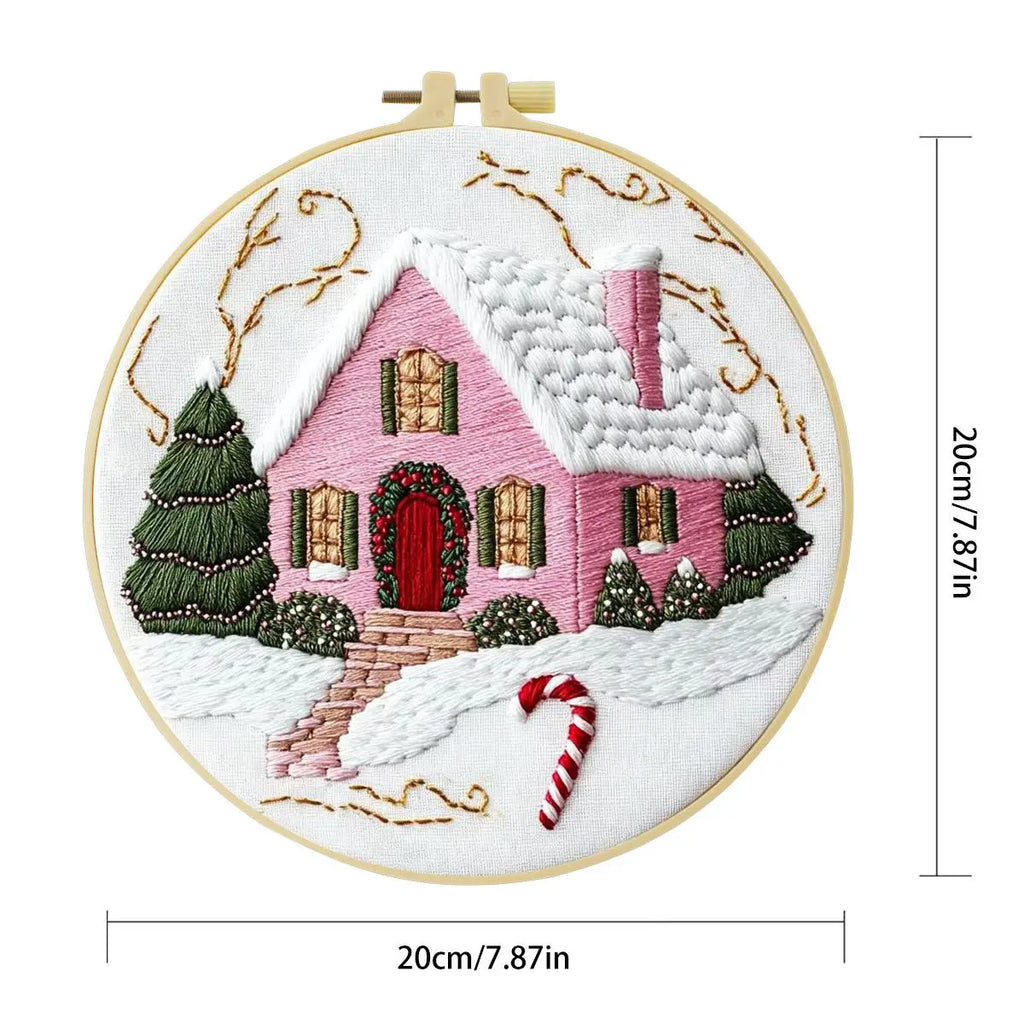 Pink House Embroidery Starter Kit – DIY Needle Art | 15x15cm or 20x20cm