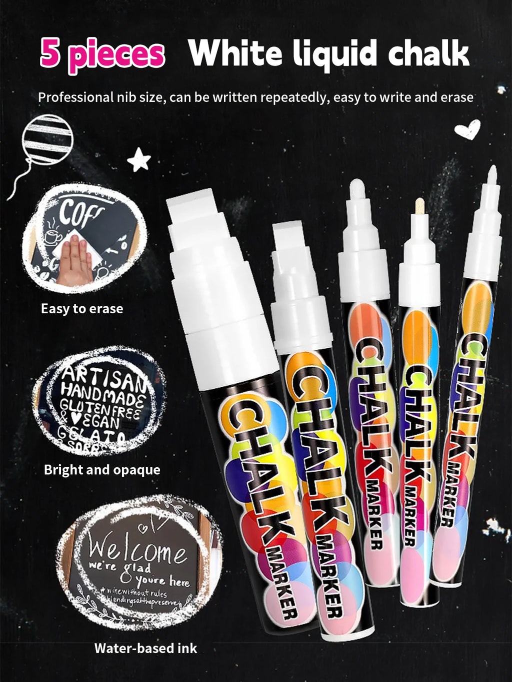 White Liquid Chalk Marker Pen – Erasable, Water-Based, 5 Tip Sizes