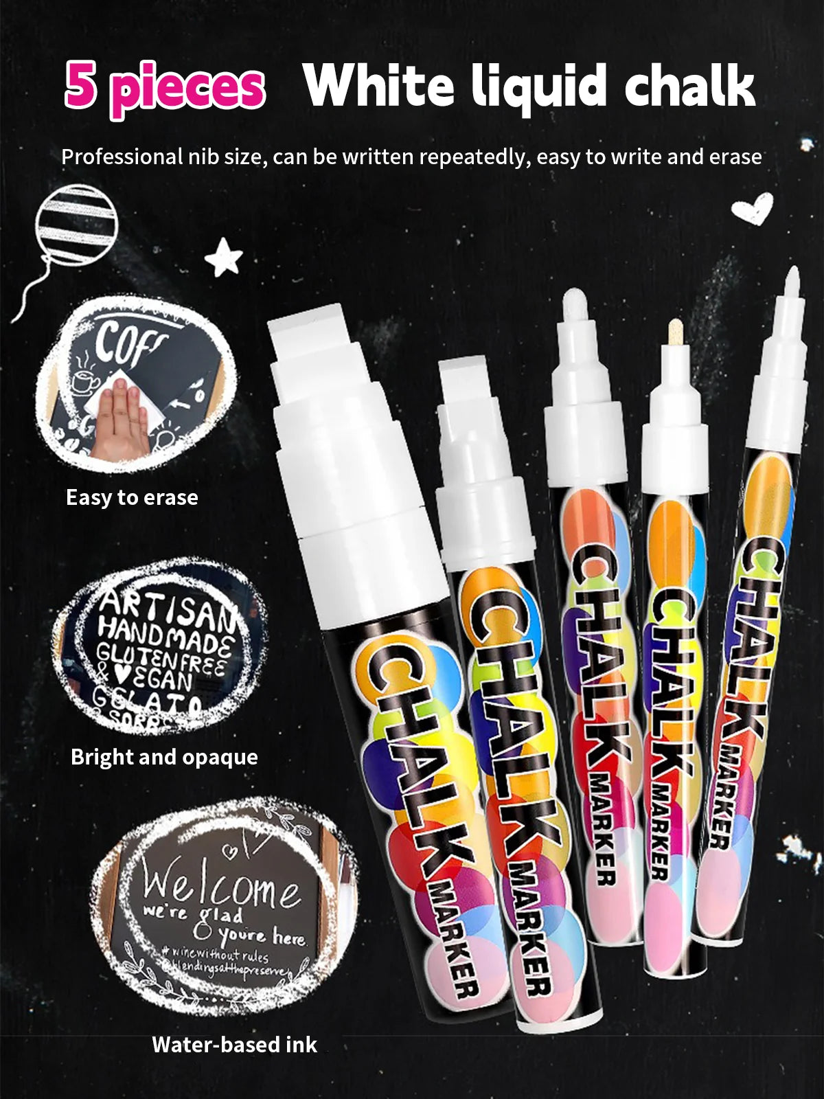White Liquid Chalk Marker Pen — Erasable, Dust-Free, Water-Based