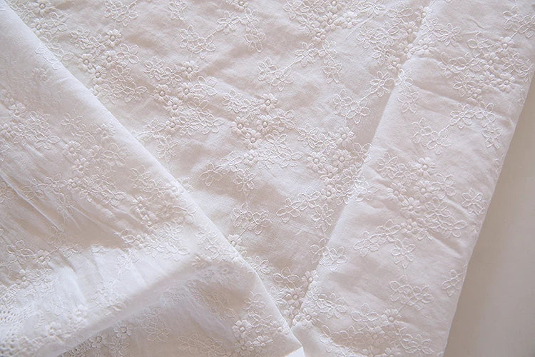 White Small Flower Embroidery 100% Cotton Fabric – 135cm Wide for Clothing, Quilting & DIY