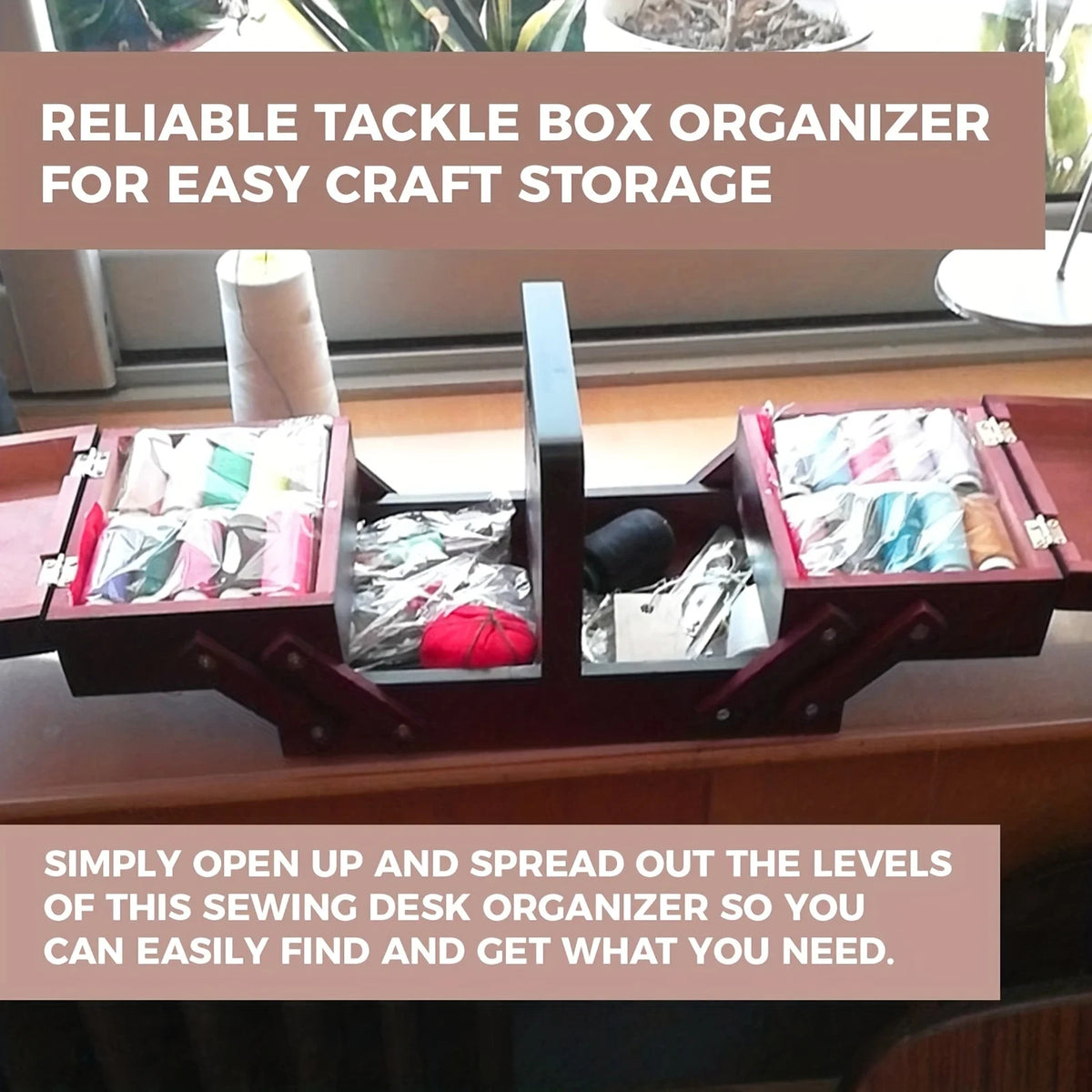 Wooden Expandable Sewing Box with Handle