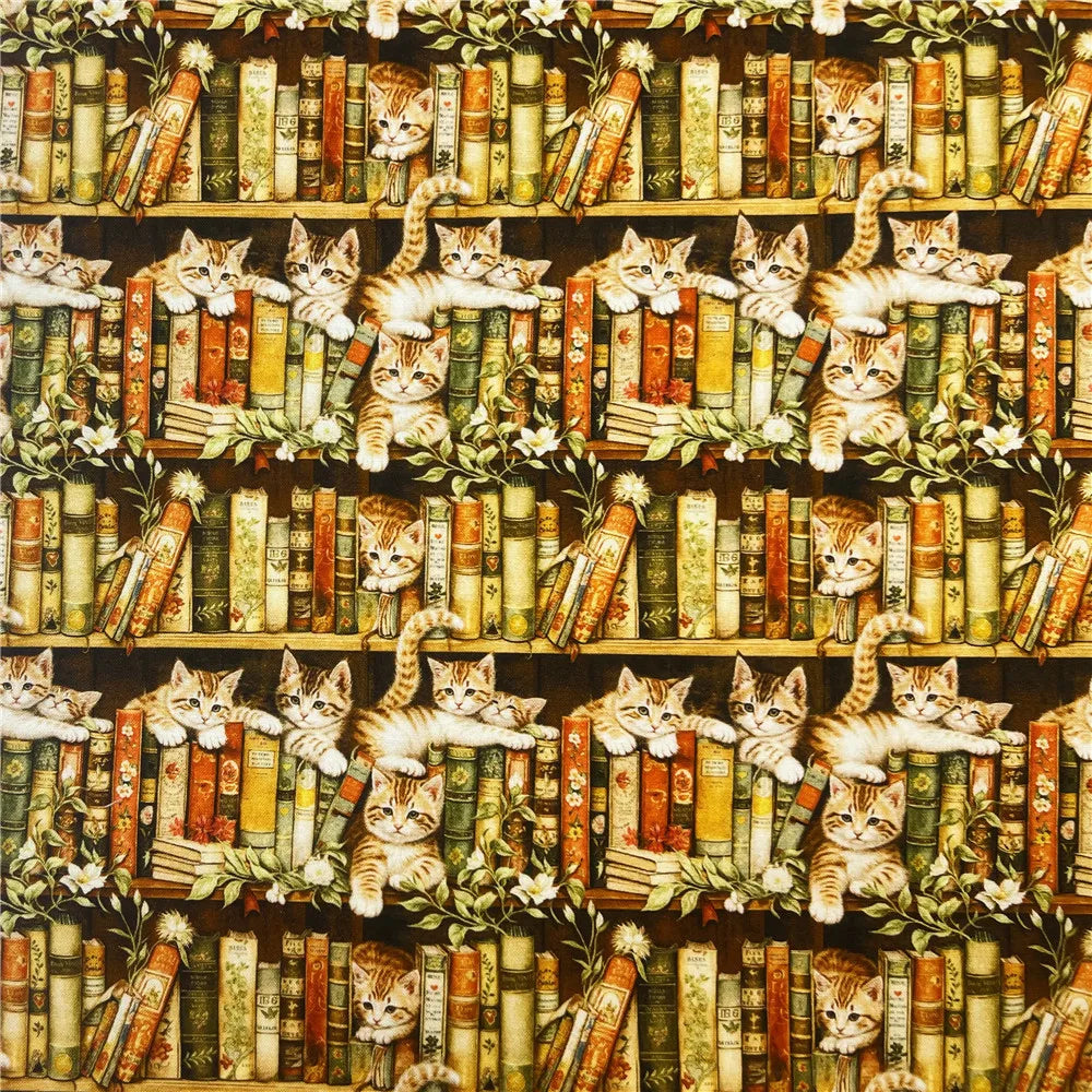 Bookshelf Cats & Flowers Cotton Fabric – Retro Patchwork Print, 145cm Wide, Sold by the Meter