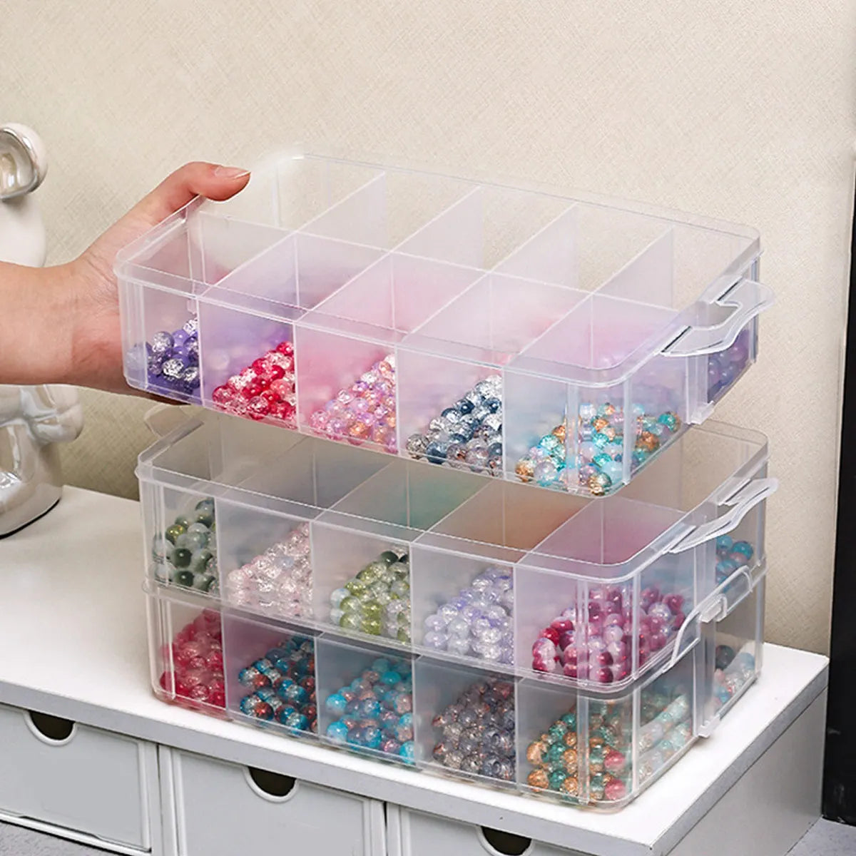 HOMEFISH 3-Layer Transparent Storage Box Stackable Storage Box Portable Craft Bead Plastic Box Jewelry Storage Box Storage Tray