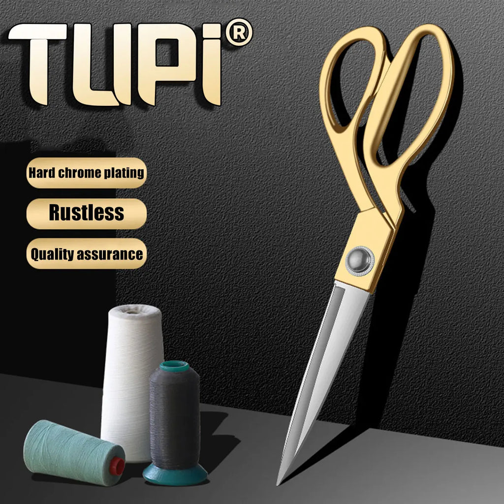 TUPI Professional Tailor Scissors – 24cm SK5 Steel, Ergonomic Bent Handle, Gold