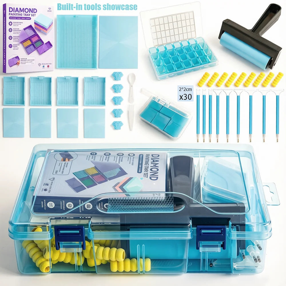 Juego de herramientas para pintura de diamante – Bandejas de perforación, lápices para puntear y rodillo de cera con estuche de almacenamiento
