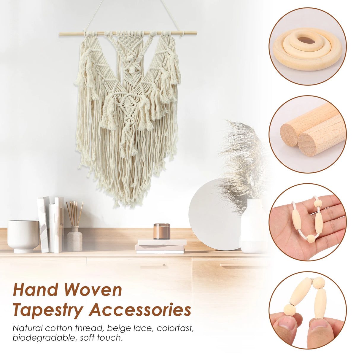 DIY Macramé Wall Hanging Kit – Cotton Rope, Wood Beads & Rings | Beginner Macramé Set