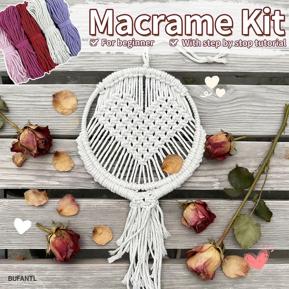 Kit de macramé Corazón y Flores para Colgar en la Pared — Kit de Manualidades DIY para Principiantes | Poliéster