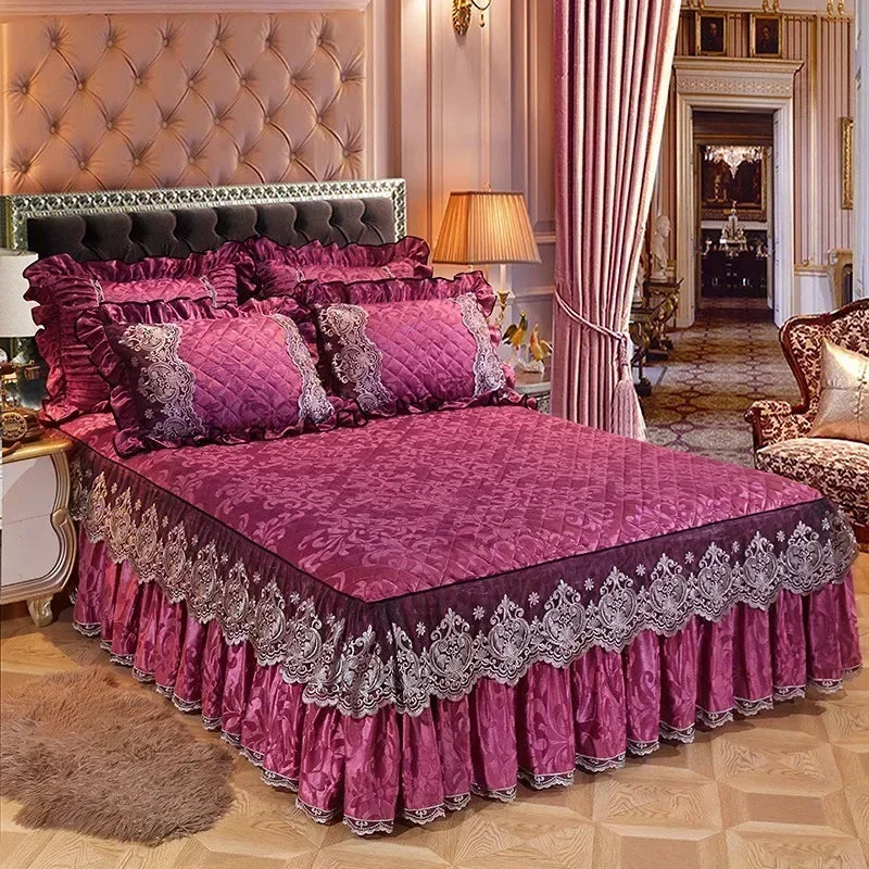 Lace Plush Quilted Bed Skirt – European Style Anti-Slip Mattress Cover | 45 cm Drop