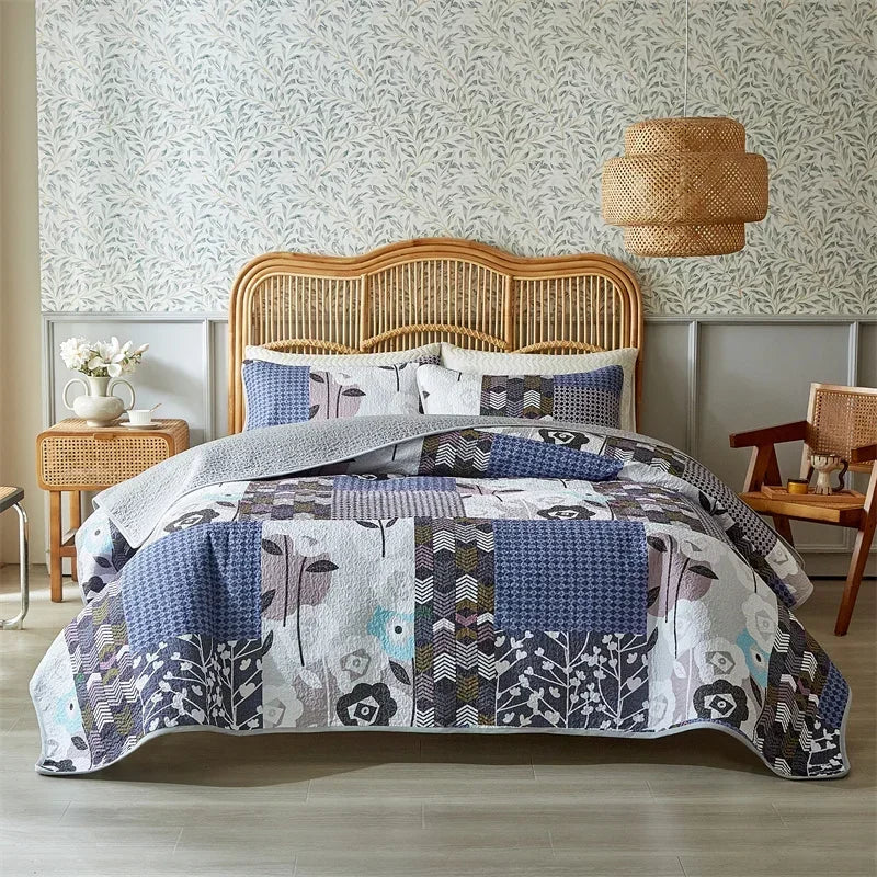 3-Piece Cotton Quilted Bedspread Set – Soft Pastoral Print | Bedsheet & 2 Pillowcases | 4 Sizes, 6 Colors