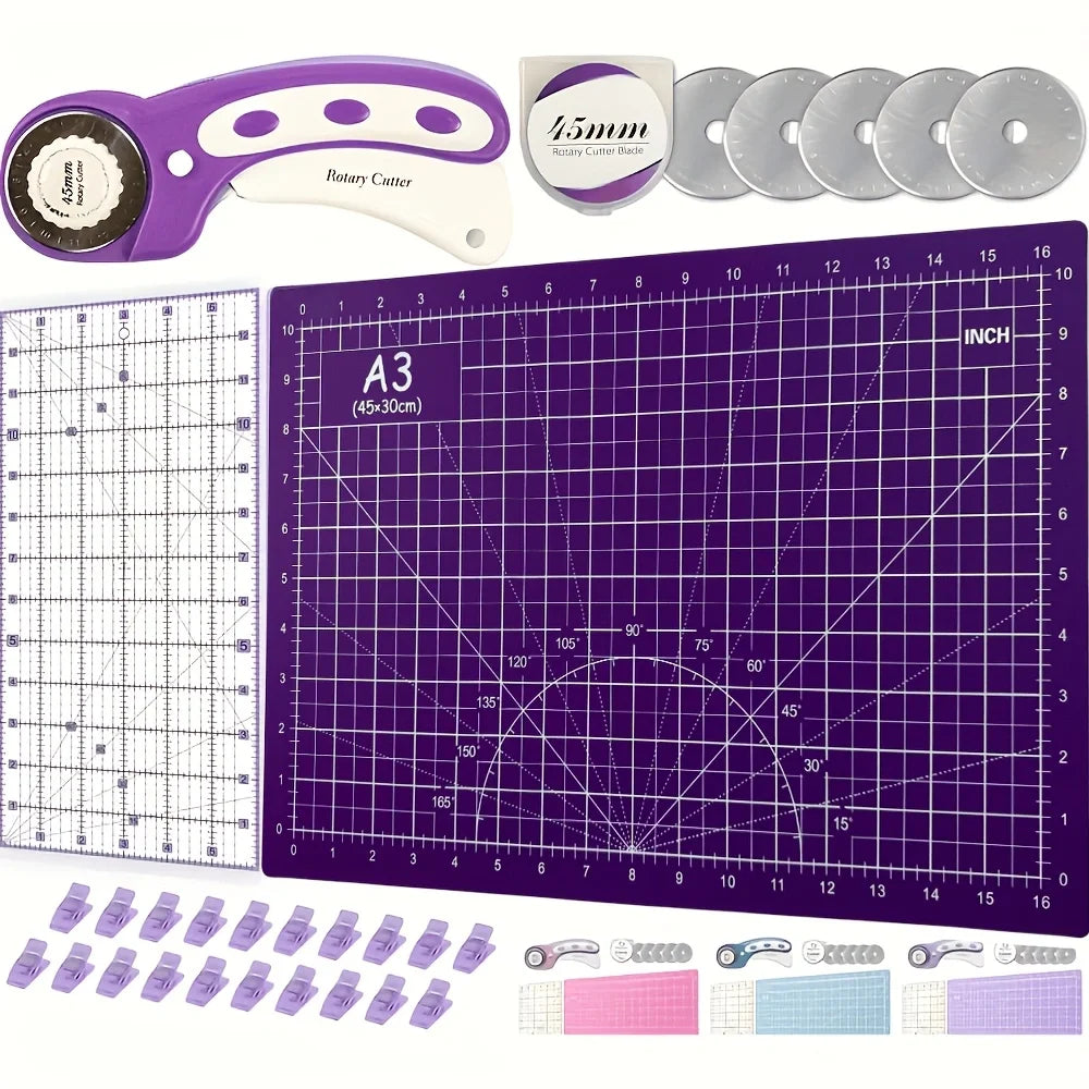 Rotary Cutter Set with A3 Cutting Mat — 45mm, 5 Spare Blades (Set B)