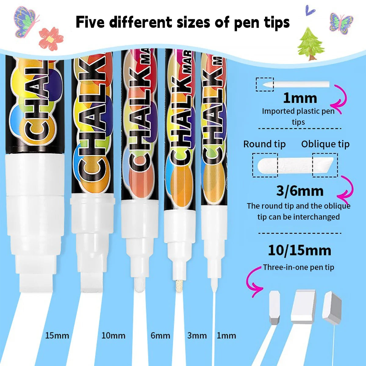 White Liquid Chalk Marker Pen – Erasable, Water-Based, 5 Tip Sizes