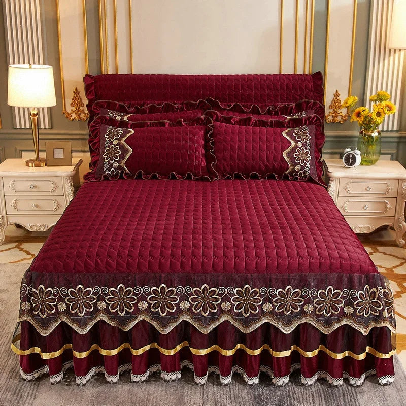 Luxury Crystal Velvet Quilted Bedspread – King & Queen Flannel Bed Skirt