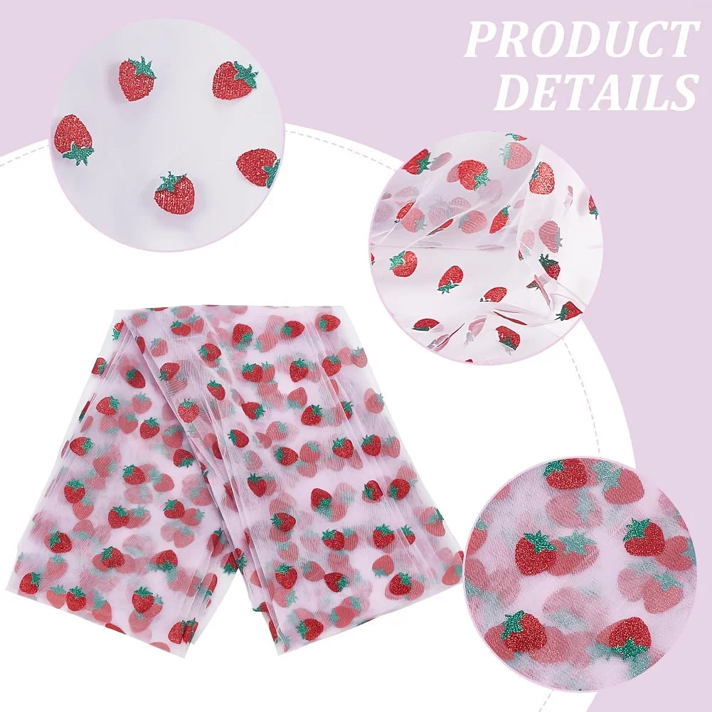 Strawberry Floral Print Tulle Mesh Lace Fabric – 100% Nylon, 100×150cm – For Dresses, Bridal & DIY Clothing