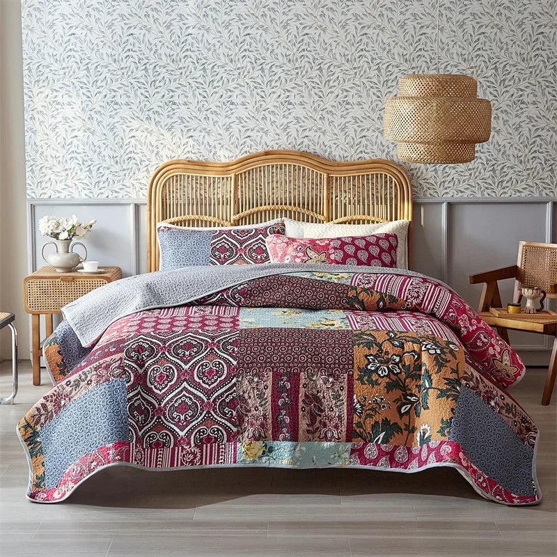 3-Piece Cotton Quilted Bedspread Set – Soft Pastoral Print | Bedsheet & 2 Pillowcases | 4 Sizes, 6 Colors