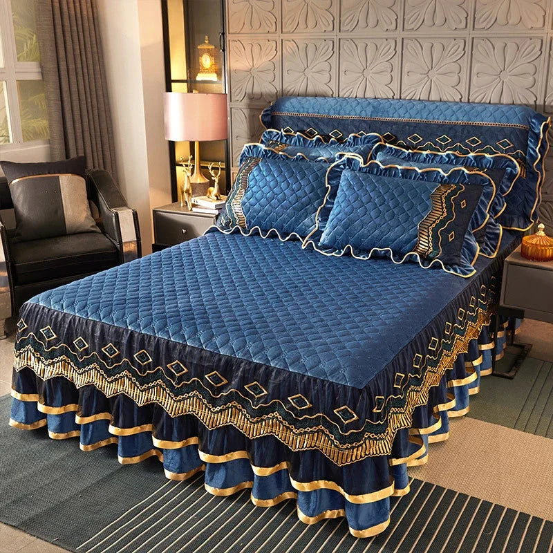 Luxury Crystal Velvet Quilted Bedspread – King & Queen Flannel Bed Skirt