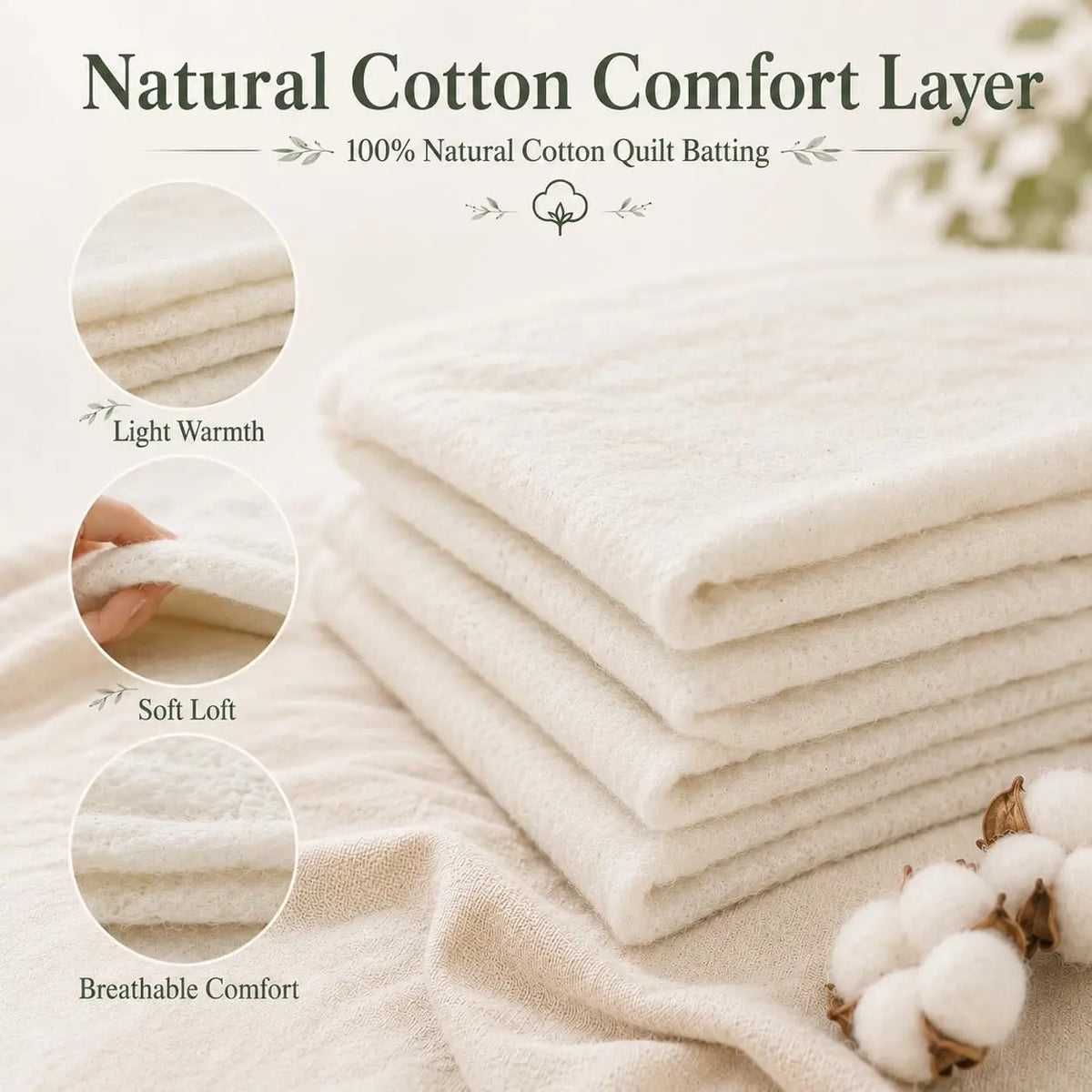 Natural Cotton Quilt Batting – 47 × 59 in, Choice of Weight