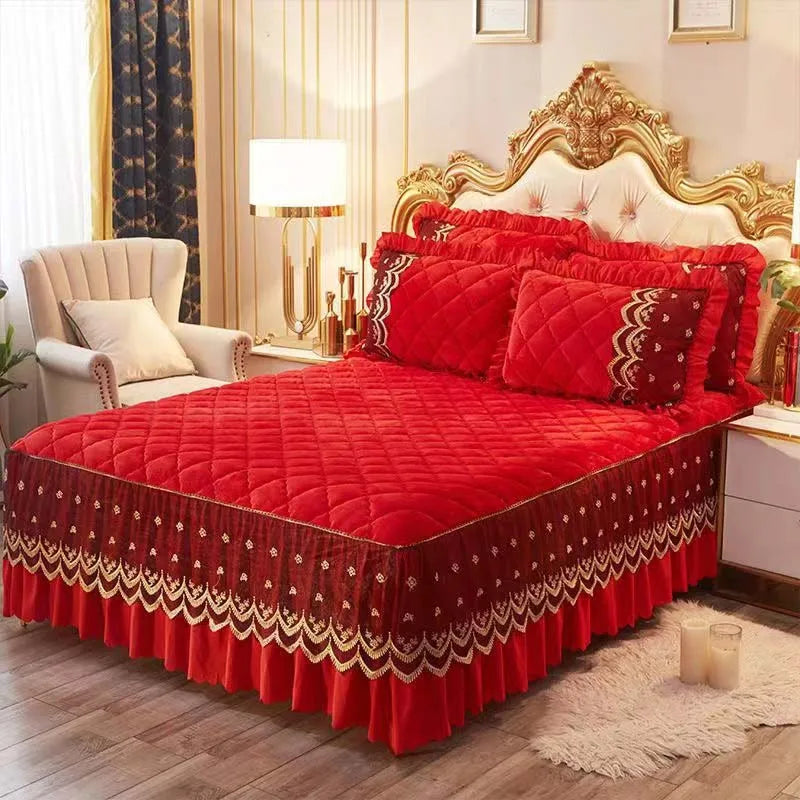 mtuove Luxury Flannel Velvet Quilted Bedspread – Lace Edge, Anti-Slip, Winter Warm Bed Cover