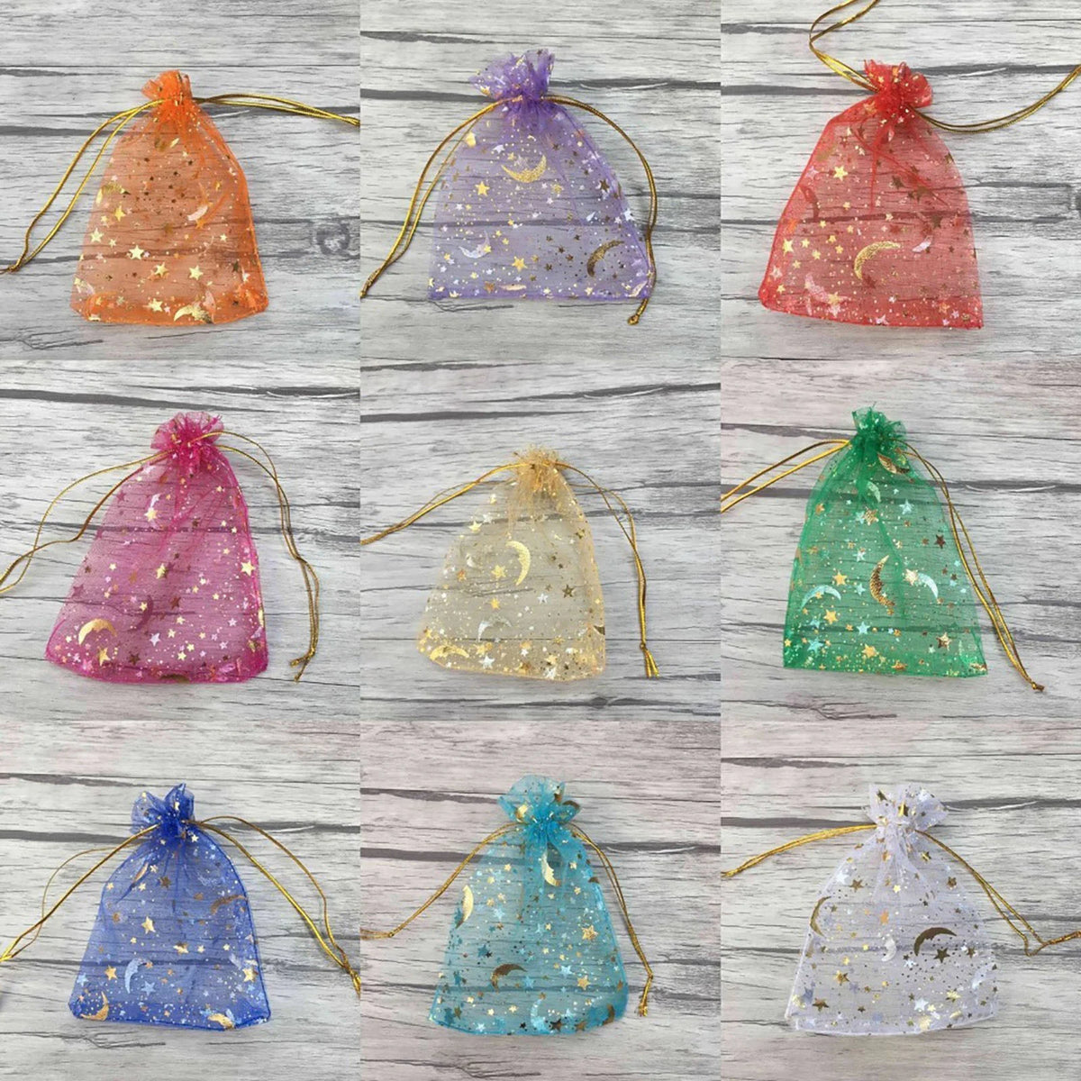Bolsas de Regalo de Organza con Cordón de Luna y Estrellas – Paquete de 50 Bolsas de Recuerdos Multicolor | 4 Tamaños