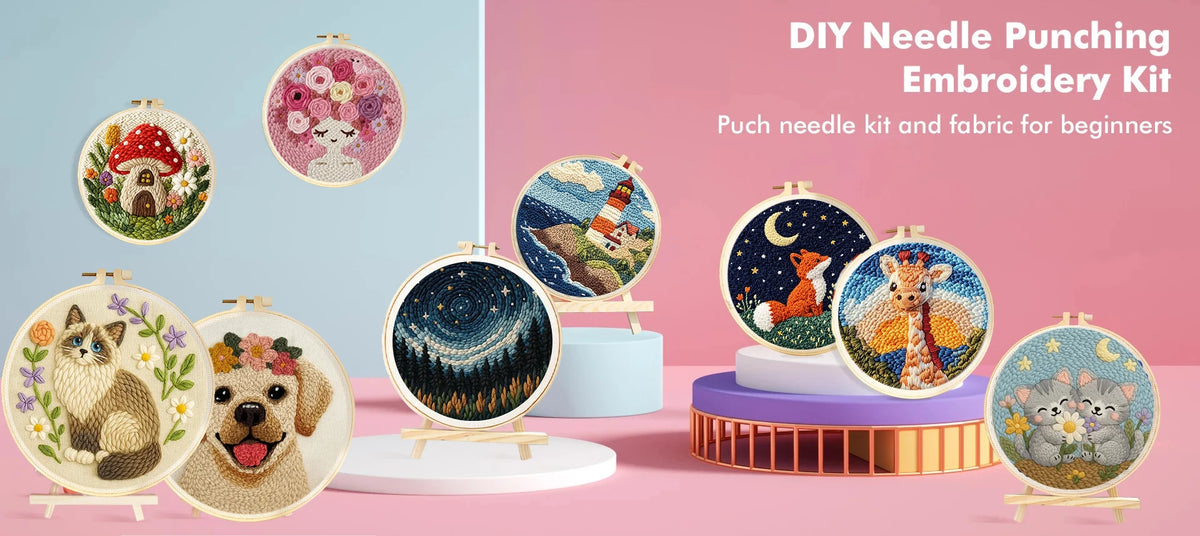 Set de kit de aguja mágica con patrón de paisaje, bordado en bastidor de ciudad y desierto con marco para principiantes, juego de manualidades de mechones de hilo de bricolaje