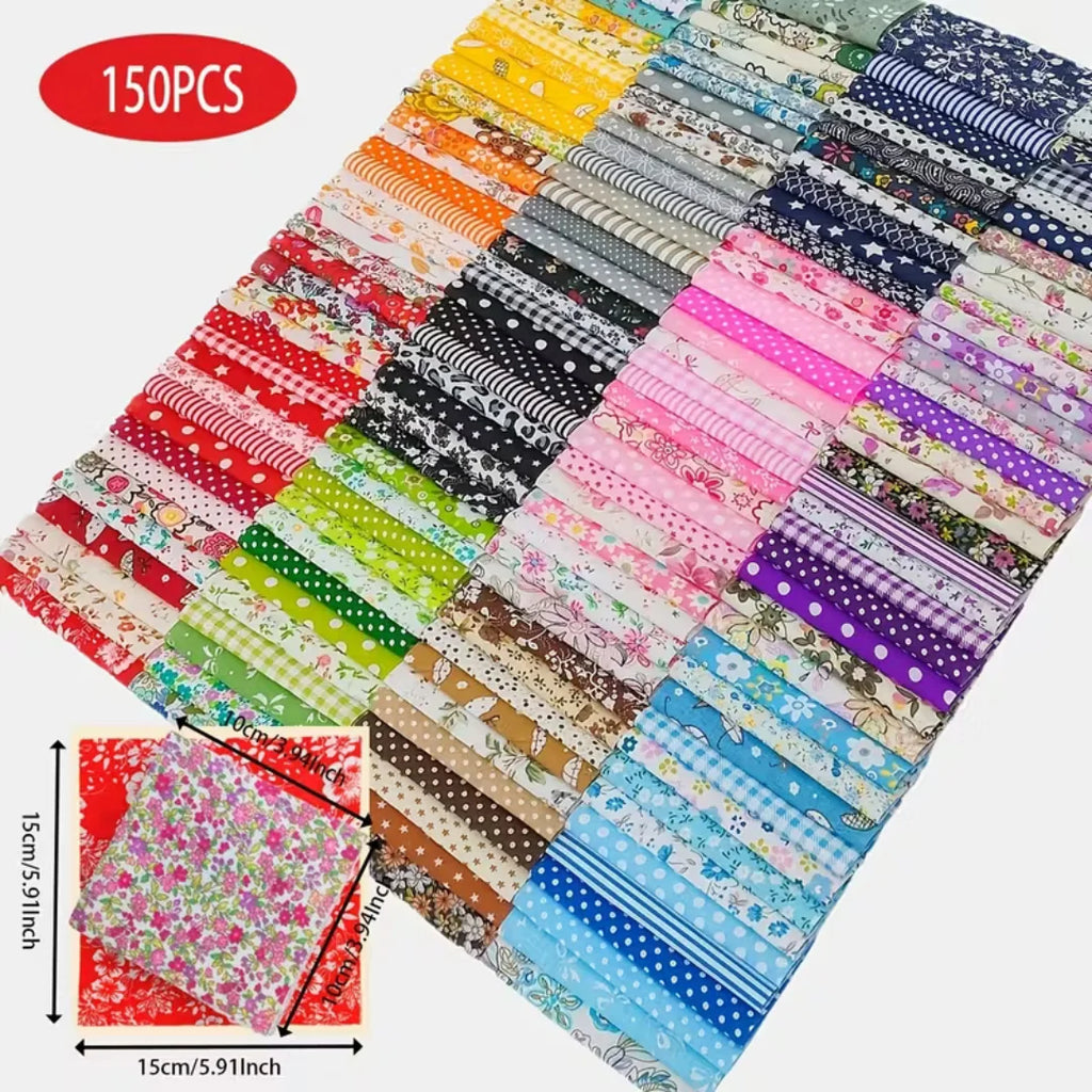 150 Pcs Colorful Precut Fabric Squares – 4" x 4" (10x10cm) for Quilting, Patchwork & Scrapbooking