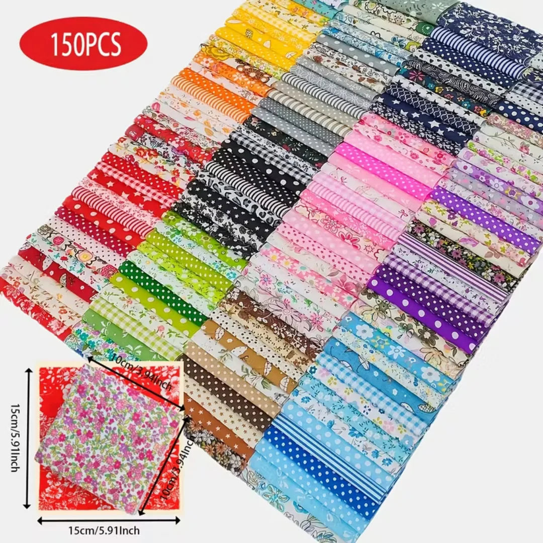 150 Pcs Colorful Precut Fabric Squares – 4" x 4" (10x10cm) for Quilting, Patchwork & Scrapbooking