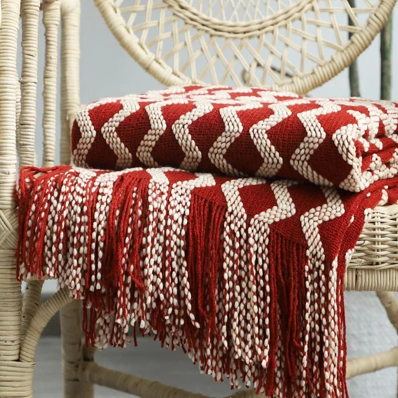 Nordic Knitted Throw Blanket with Tassels — Soft Acrylic Sofa & Bed Cover in 8 Colors
